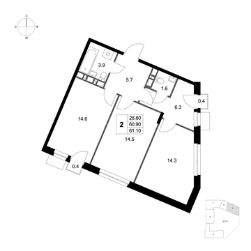 2 комн. квартира, 61.1 м², 2 этаж 