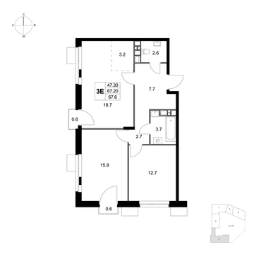 3 комн. квартира, 67.6 м², 2 этаж 