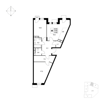 3 комн. квартира, 74.9 м², 3 этаж 