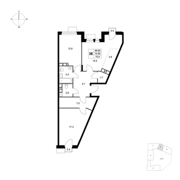 3 комн. квартира, 75 м², 2 этаж 