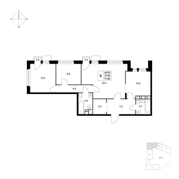 3 комн. квартира, 77.8 м², 3 этаж 