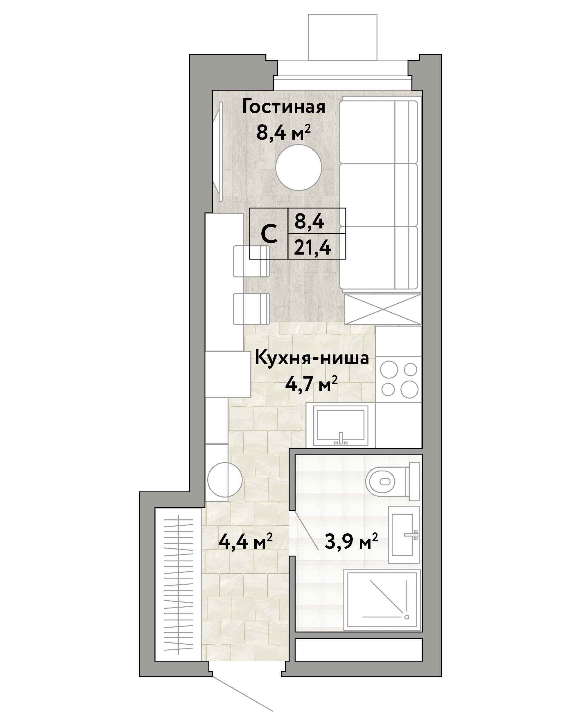 1 комн. квартира, 21.4 м², 10 этаж 