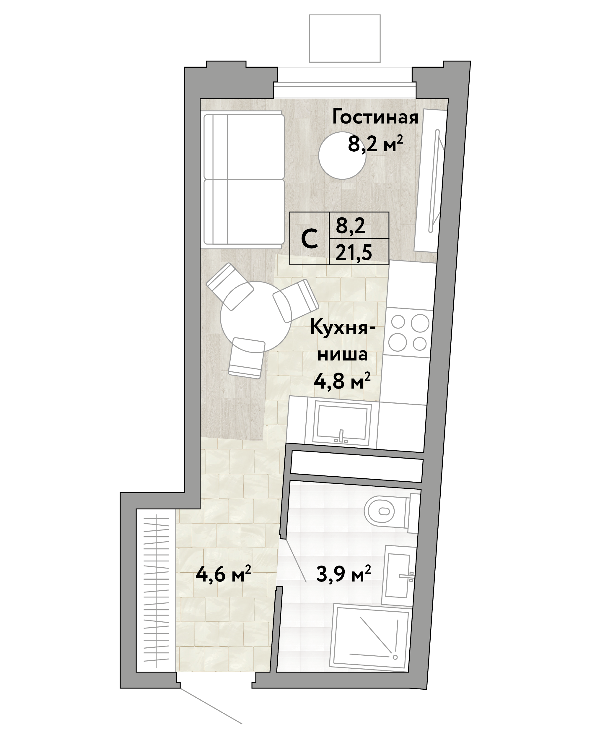 1 комн. квартира, 21.5 м², 23 этаж 