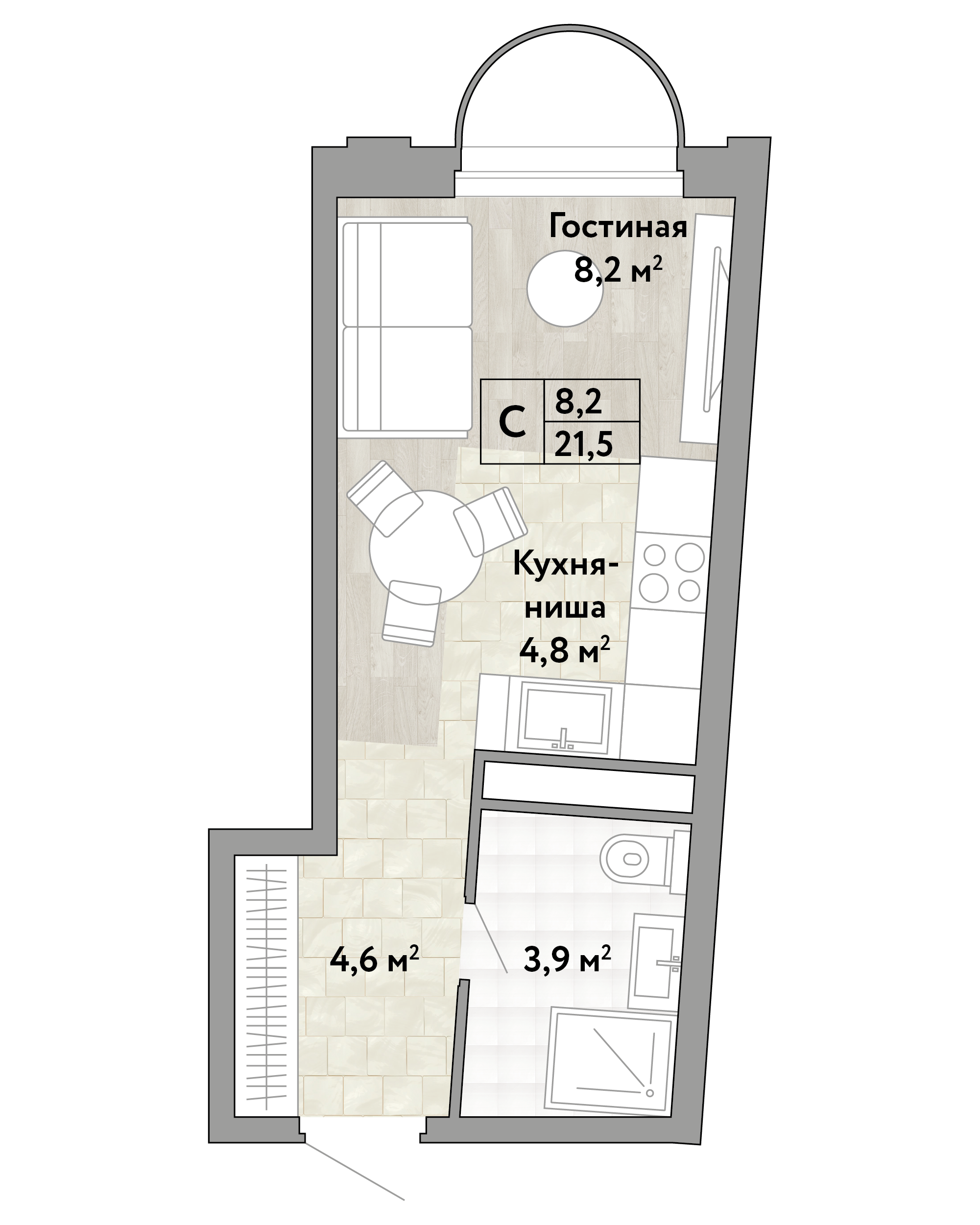1 комн. квартира, 21.5 м², 24 этаж 
