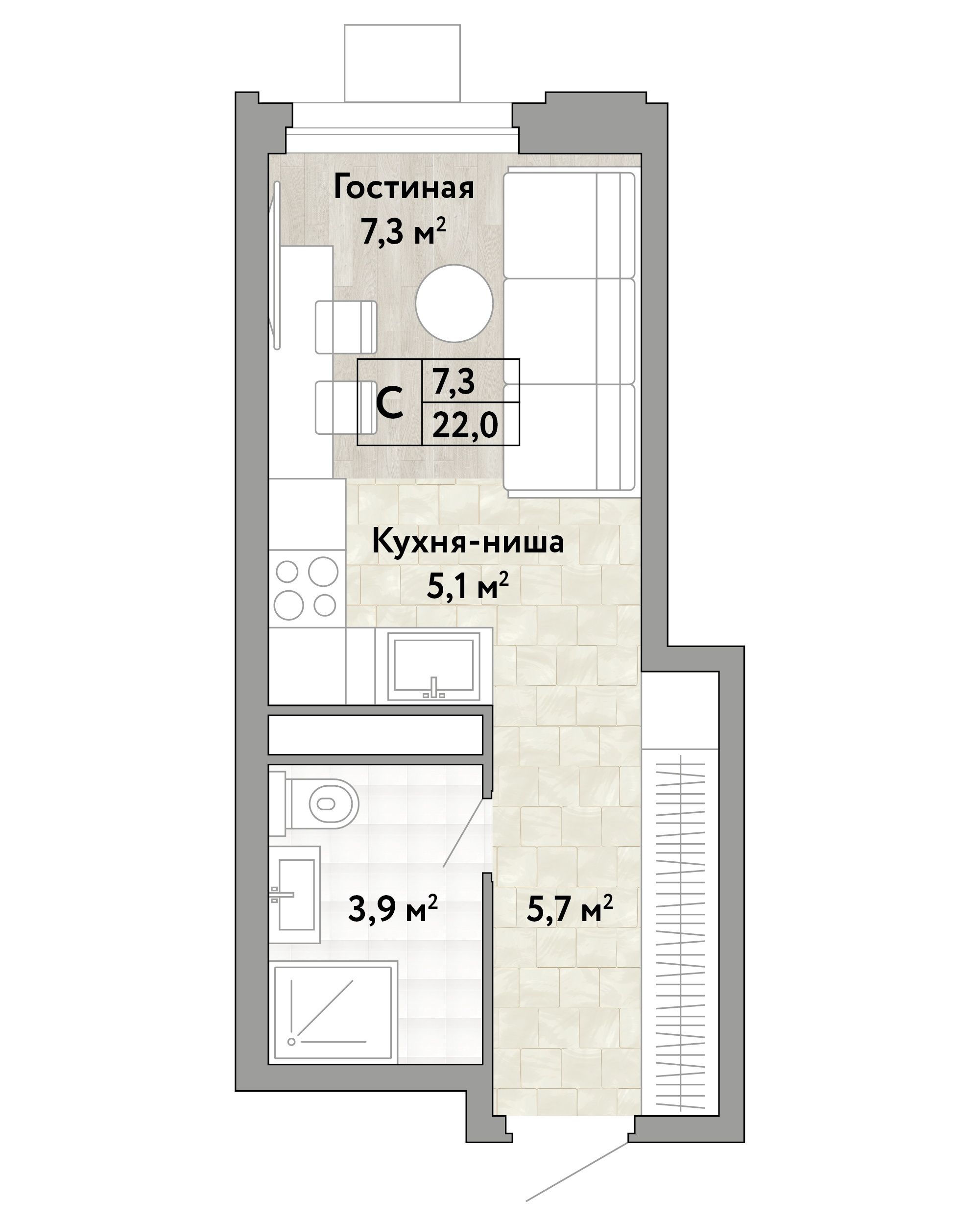 1 комн. квартира, 22 м², 13 этаж 