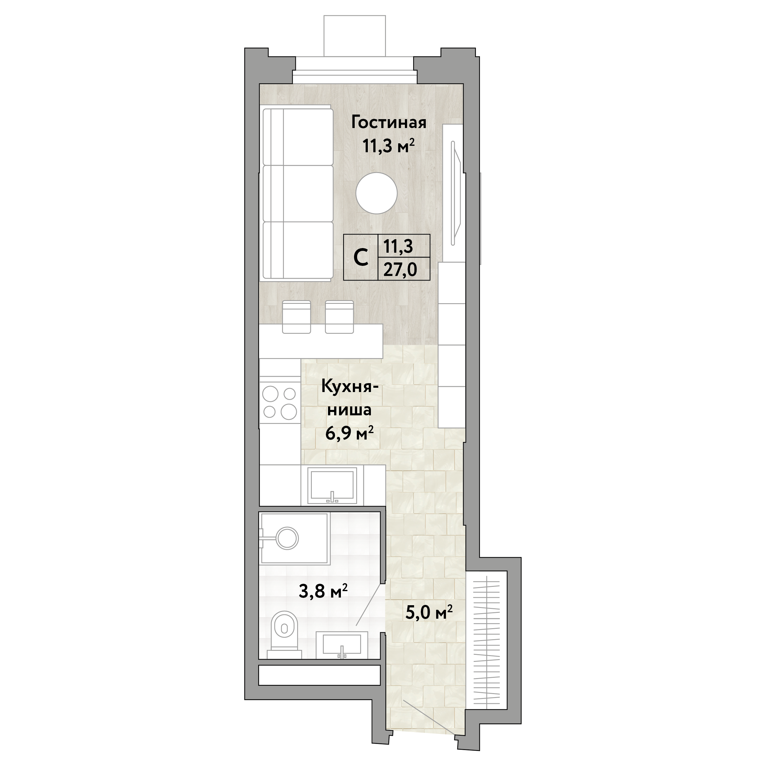 1 комн. квартира, 27 м², 20 этаж 