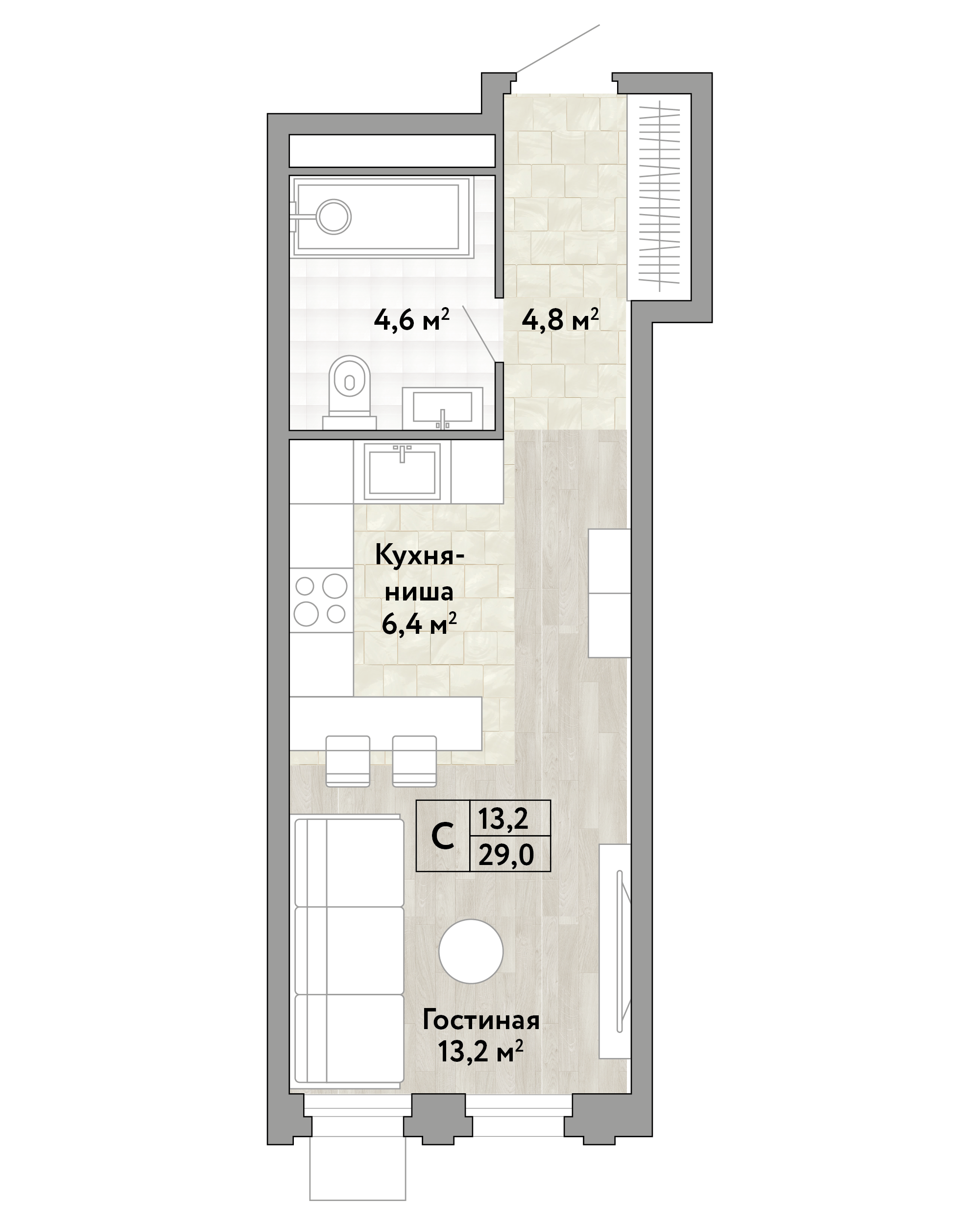 1 комн. квартира, 29.1 м², 20 этаж 