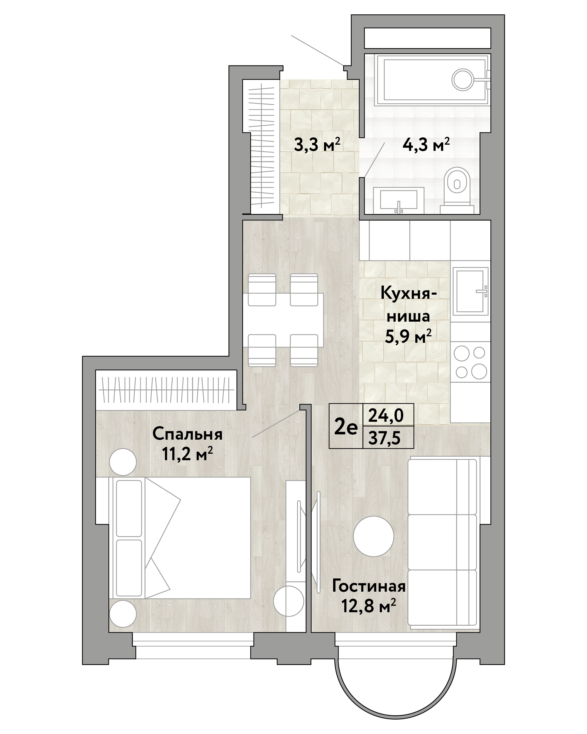 1 комн. квартира, 37.5 м², 2 этаж 