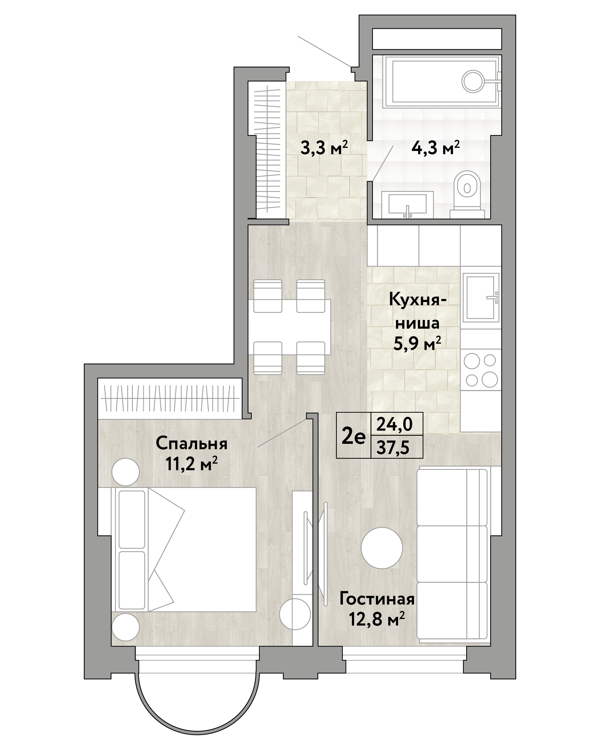 1 комн. квартира, 37.5 м², 3 этаж 