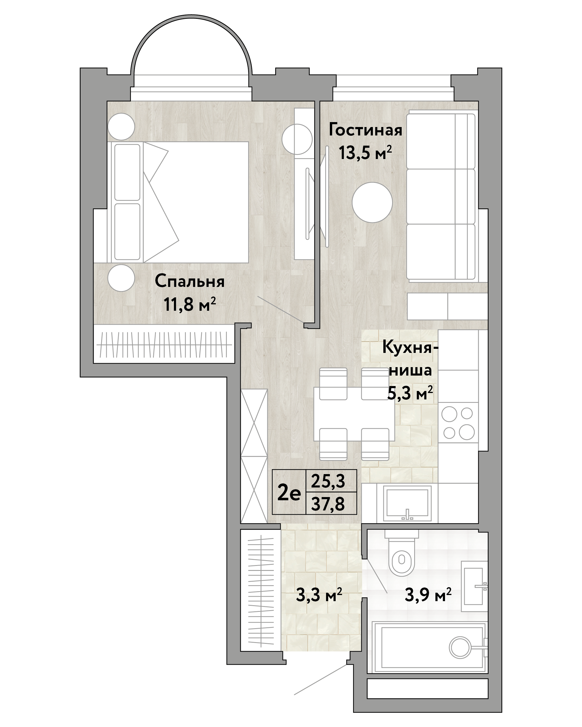 1 комн. квартира, 37.8 м², 2 этаж 