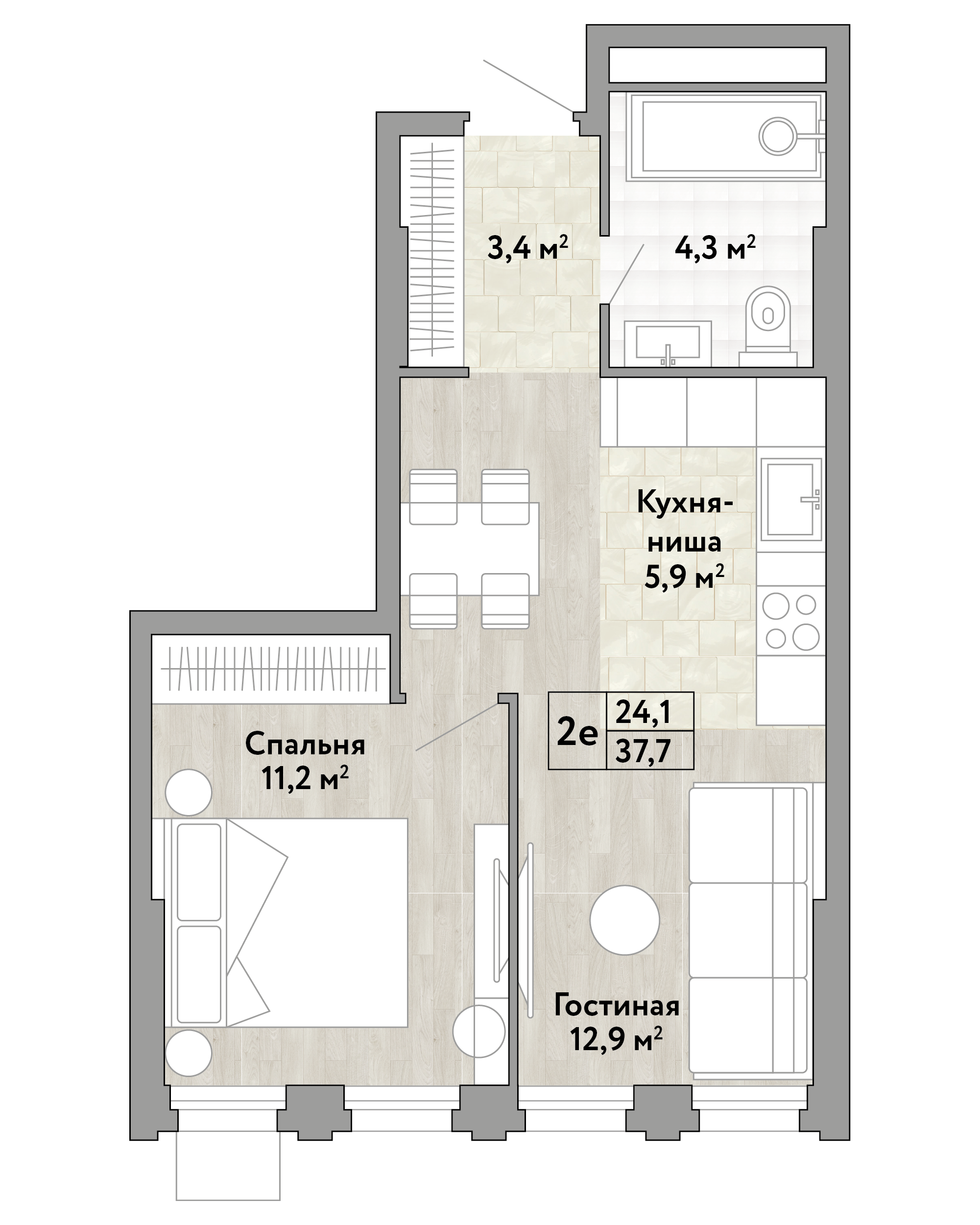 1 комн. квартира, 37.7 м², 15 этаж 