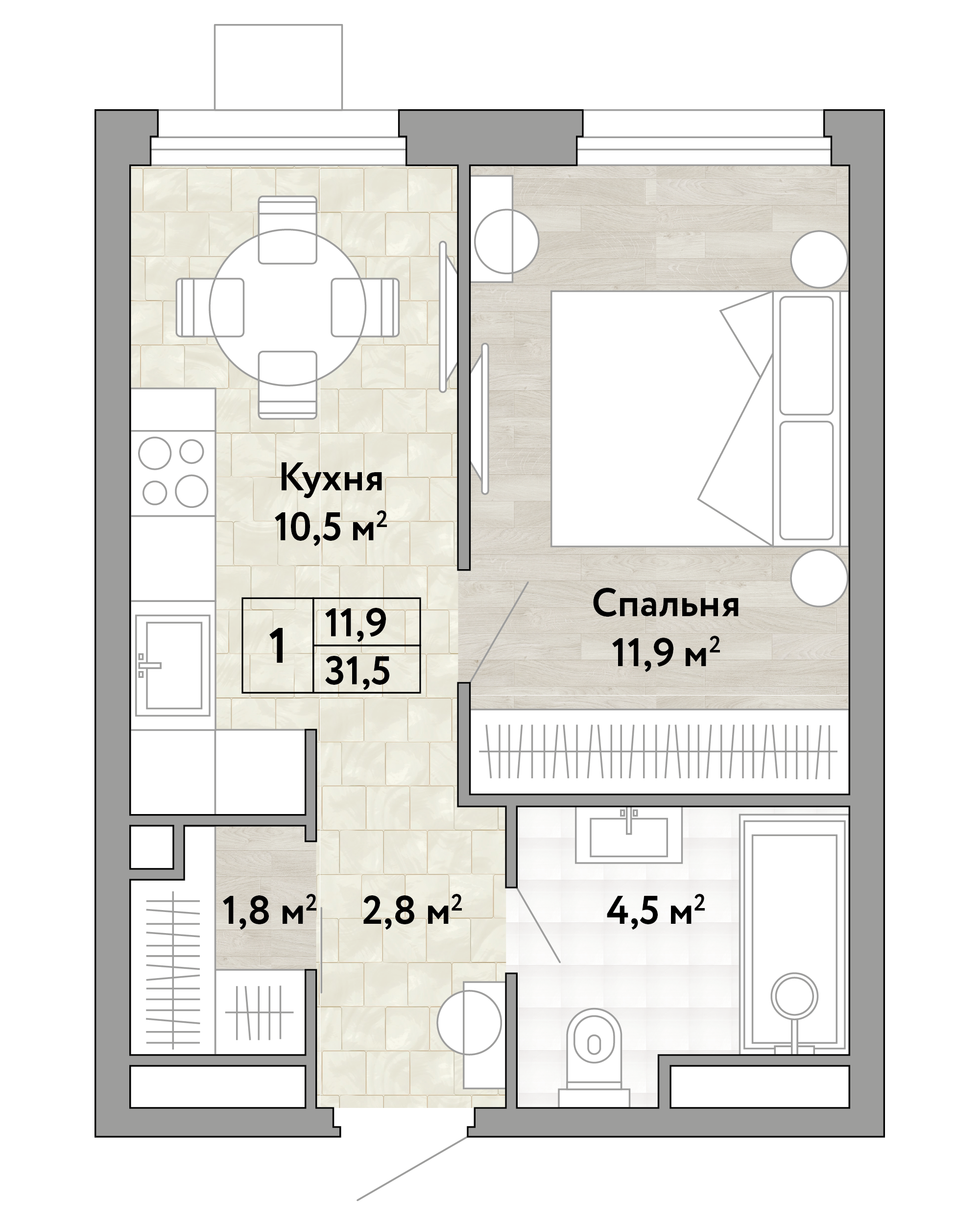 1 комн. квартира, 31.5 м², 4 этаж 