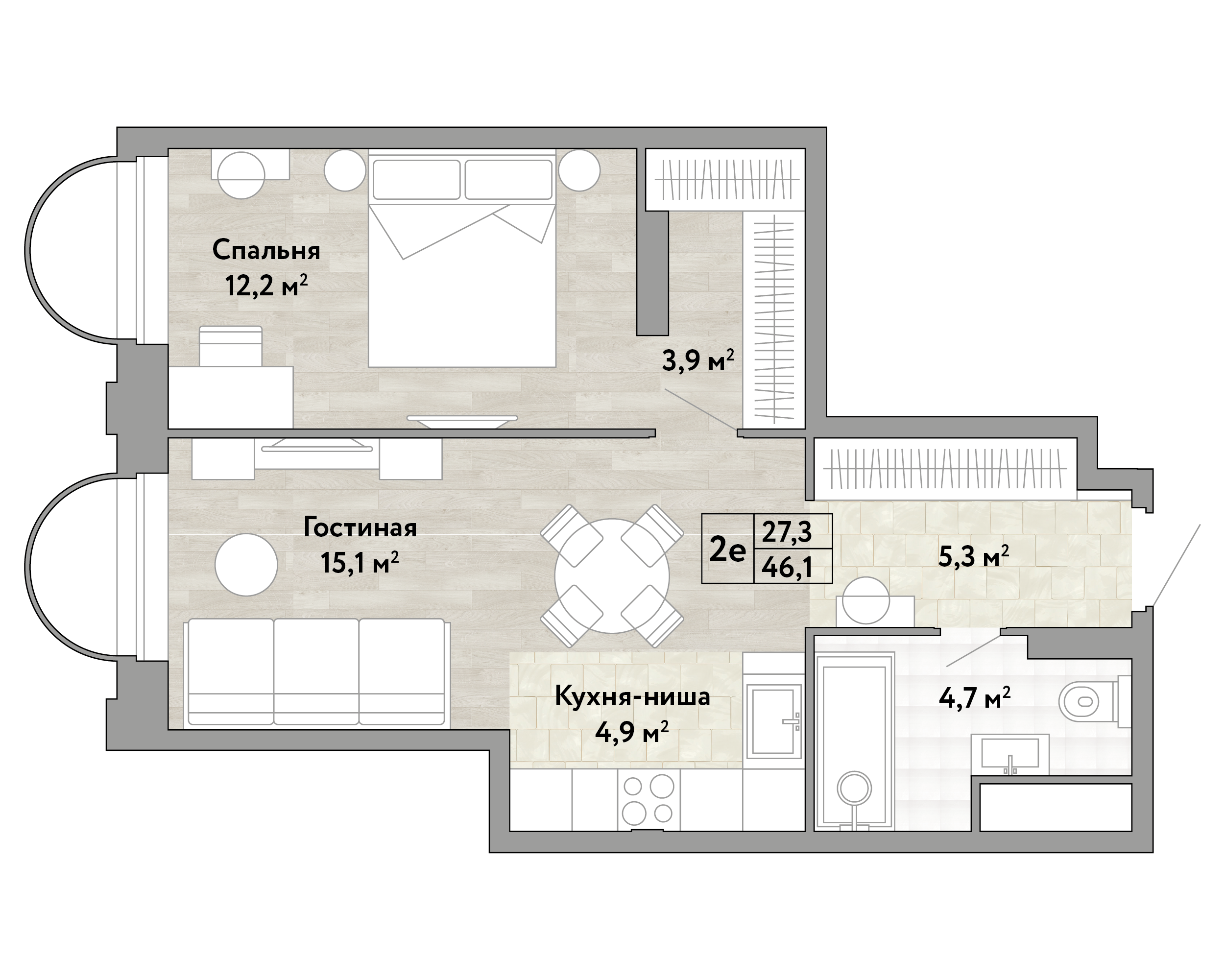 1 комн. квартира, 46.1 м², 19 этаж 