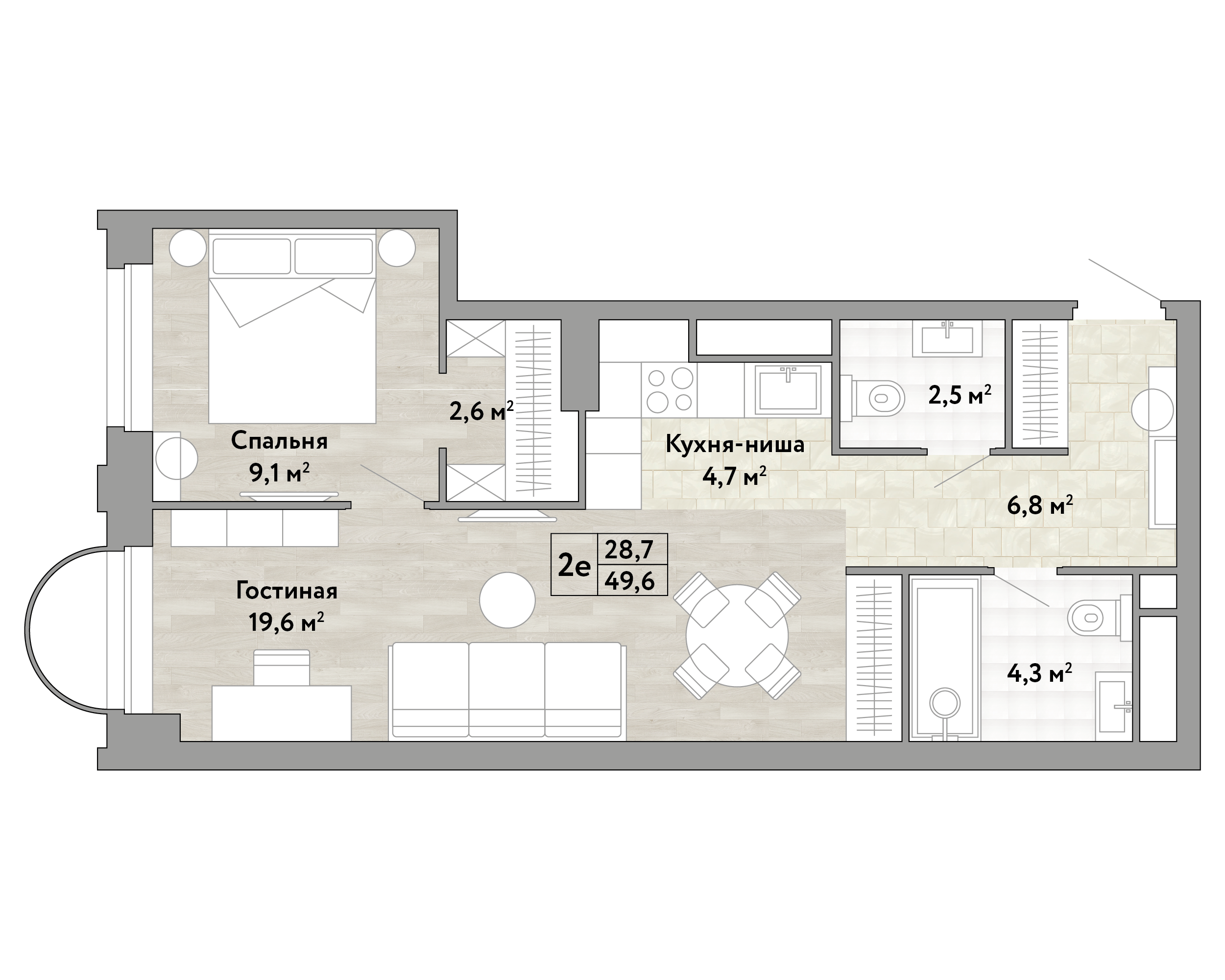 1 комн. квартира, 49.6 м², 6 этаж 