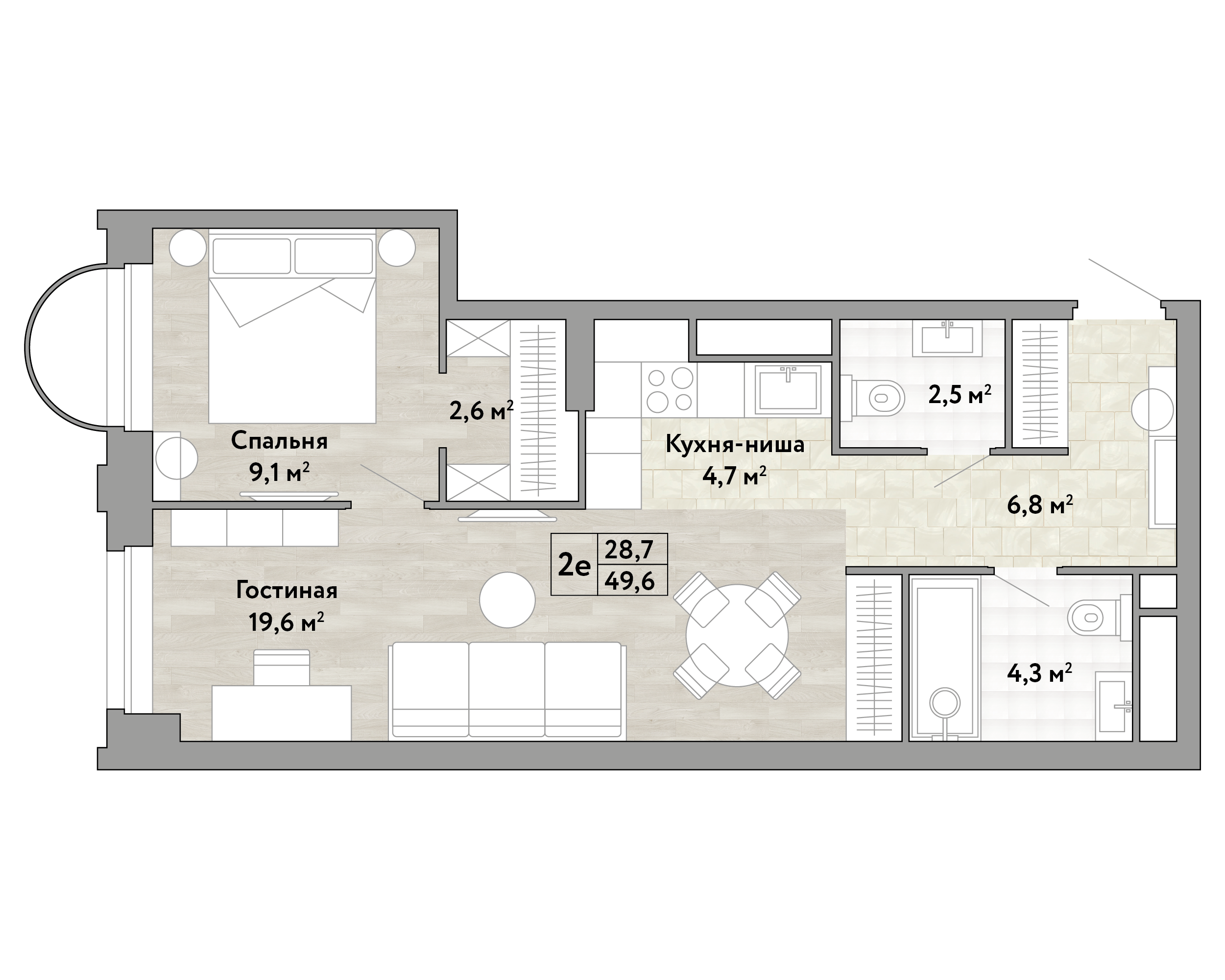 1 комн. квартира, 49.6 м², 13 этаж 