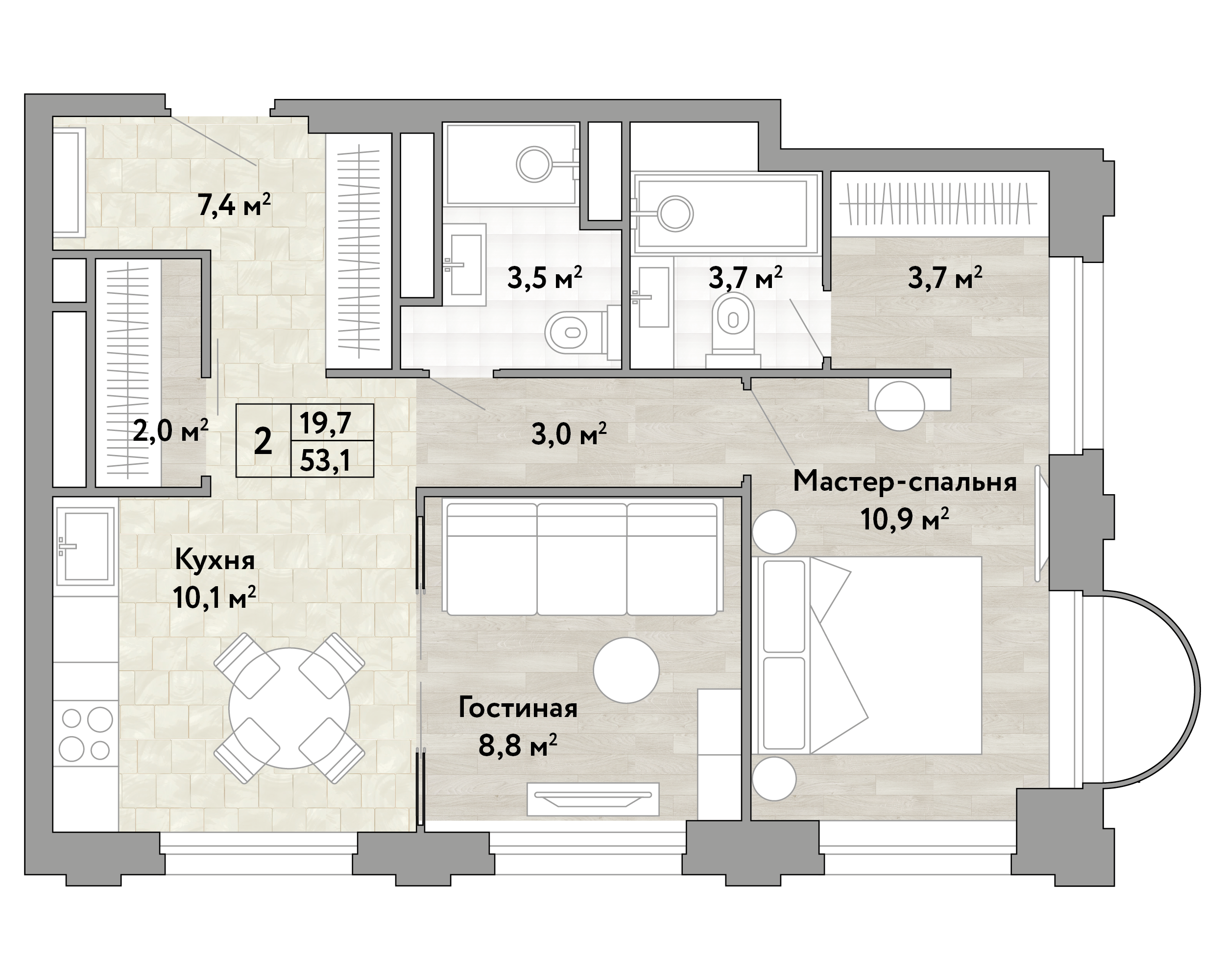 2 комн. квартира, 53.1 м², 16 этаж 