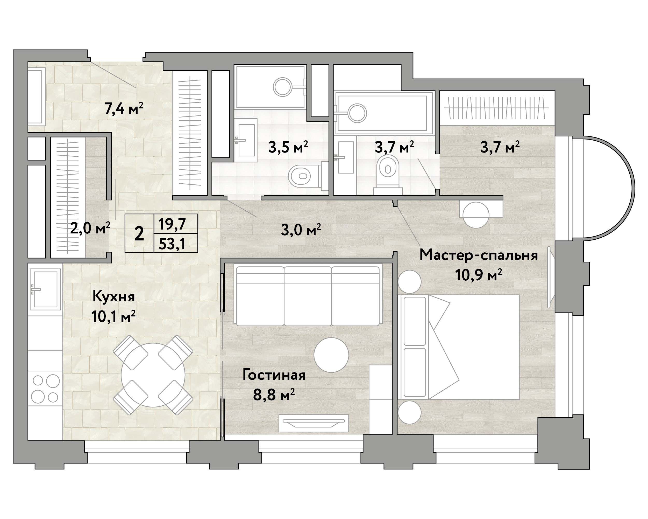 2 комн. квартира, 53.1 м², 19 этаж 