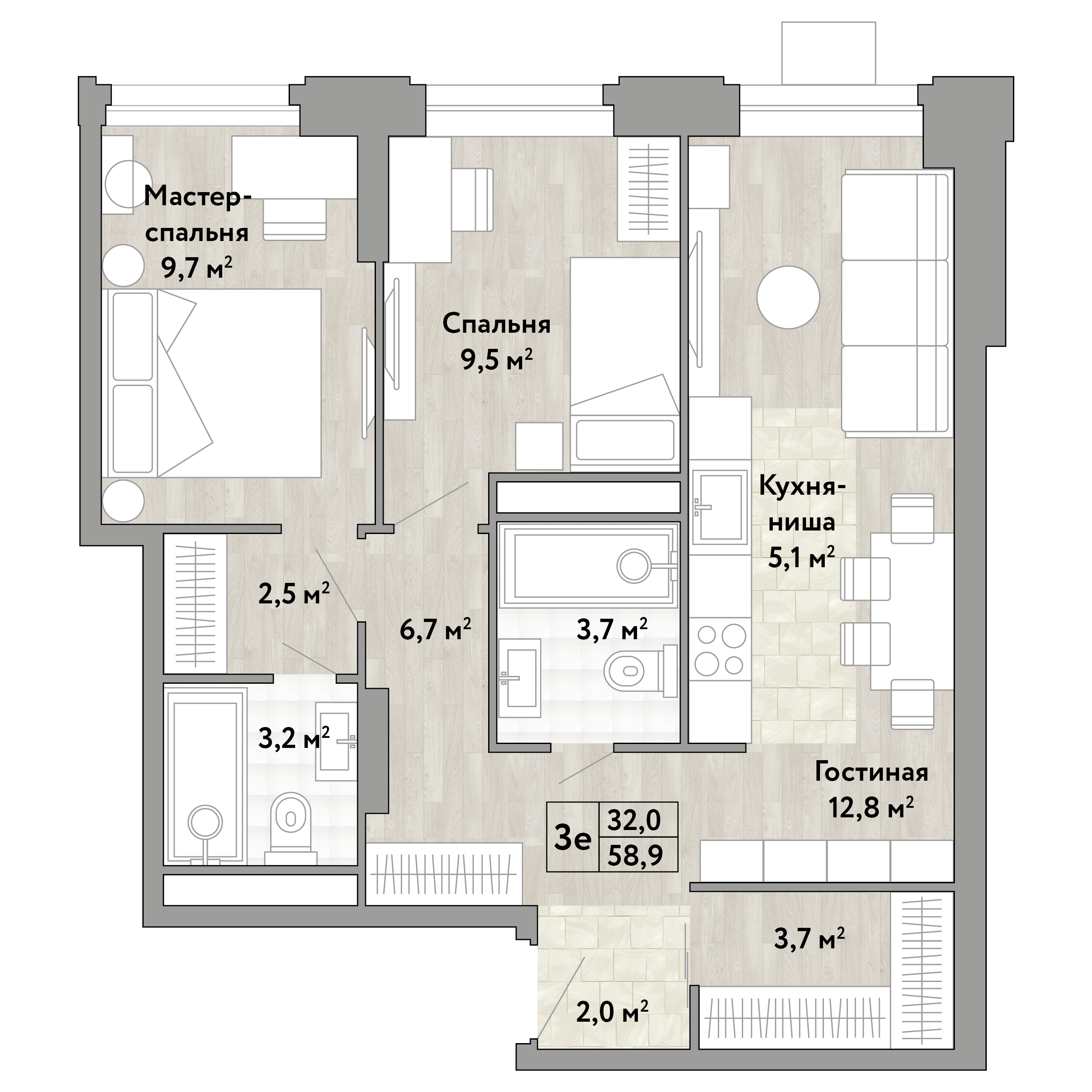 2 комн. квартира, 58.9 м², 9 этаж 