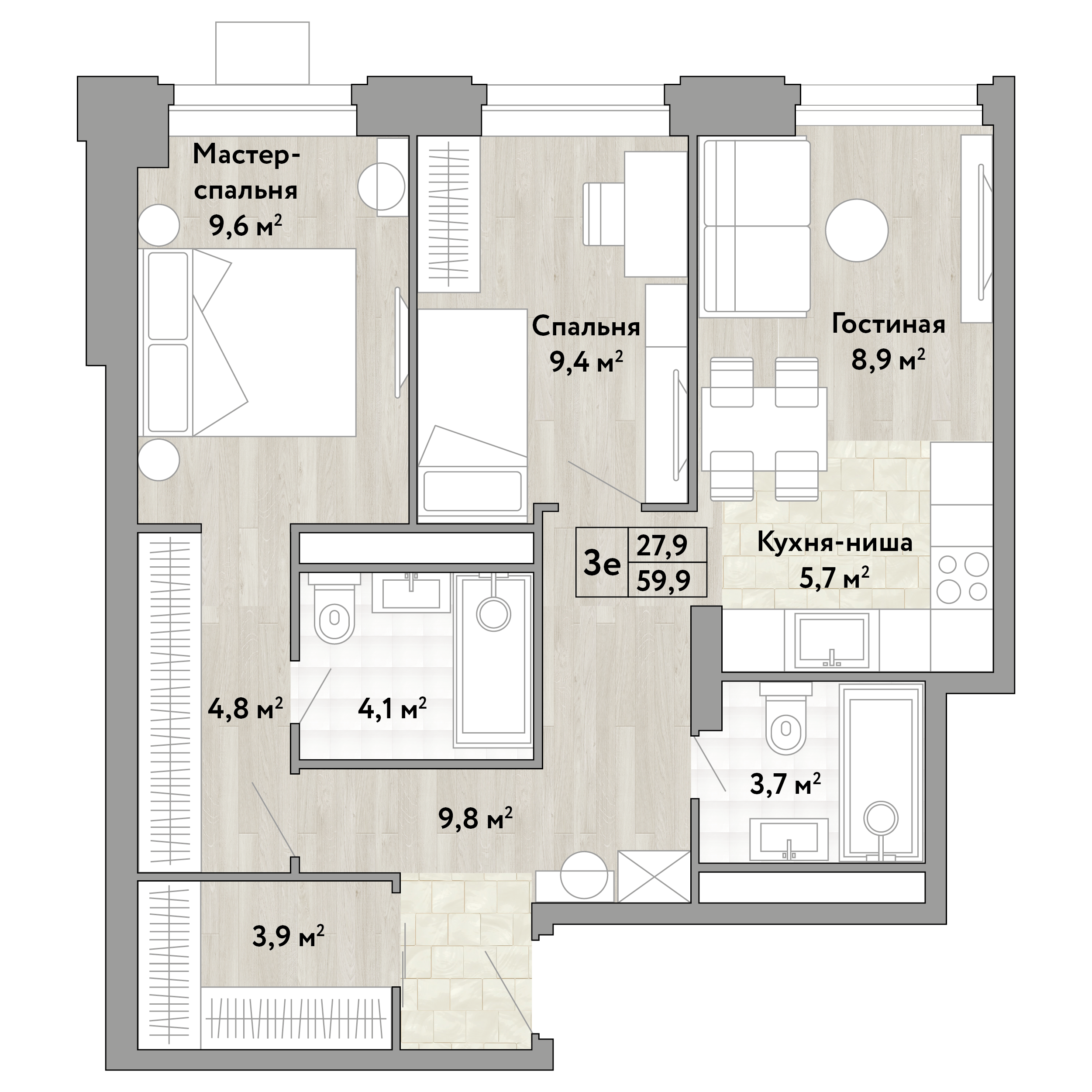 2 комн. квартира, 60 м², 9 этаж 