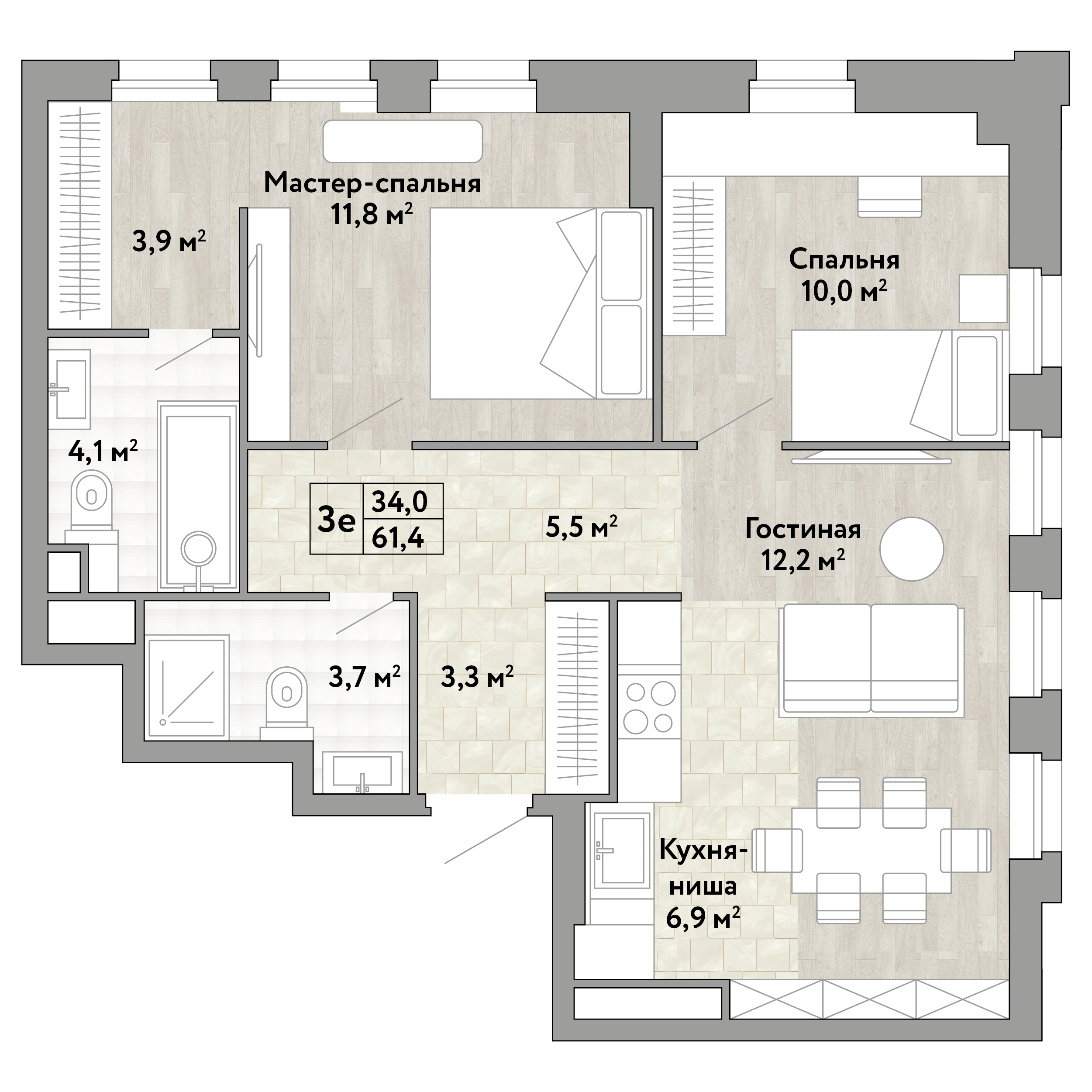 2 комн. квартира, 61.4 м², 16 этаж 
