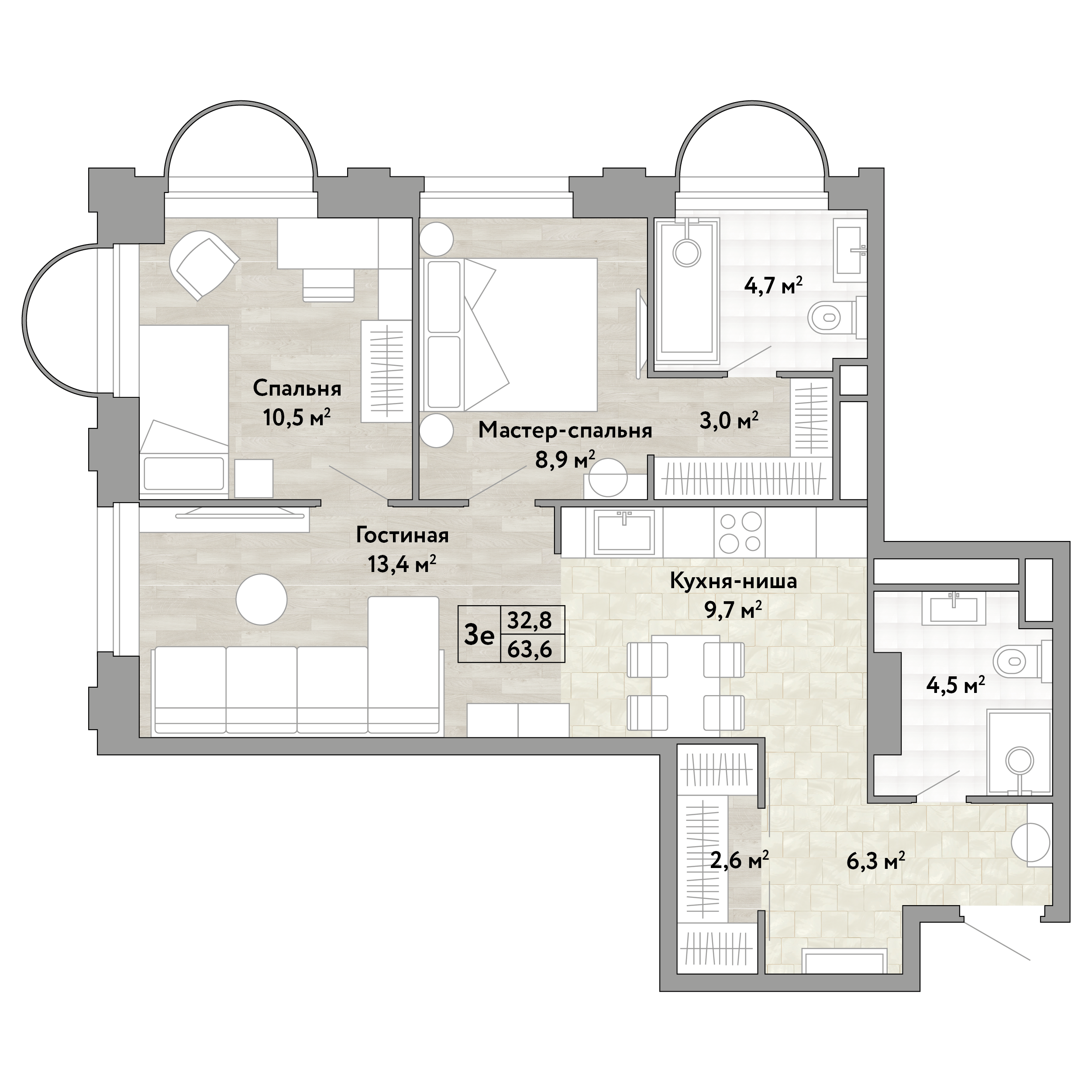 2 комн. квартира, 63.8 м², 5 этаж 