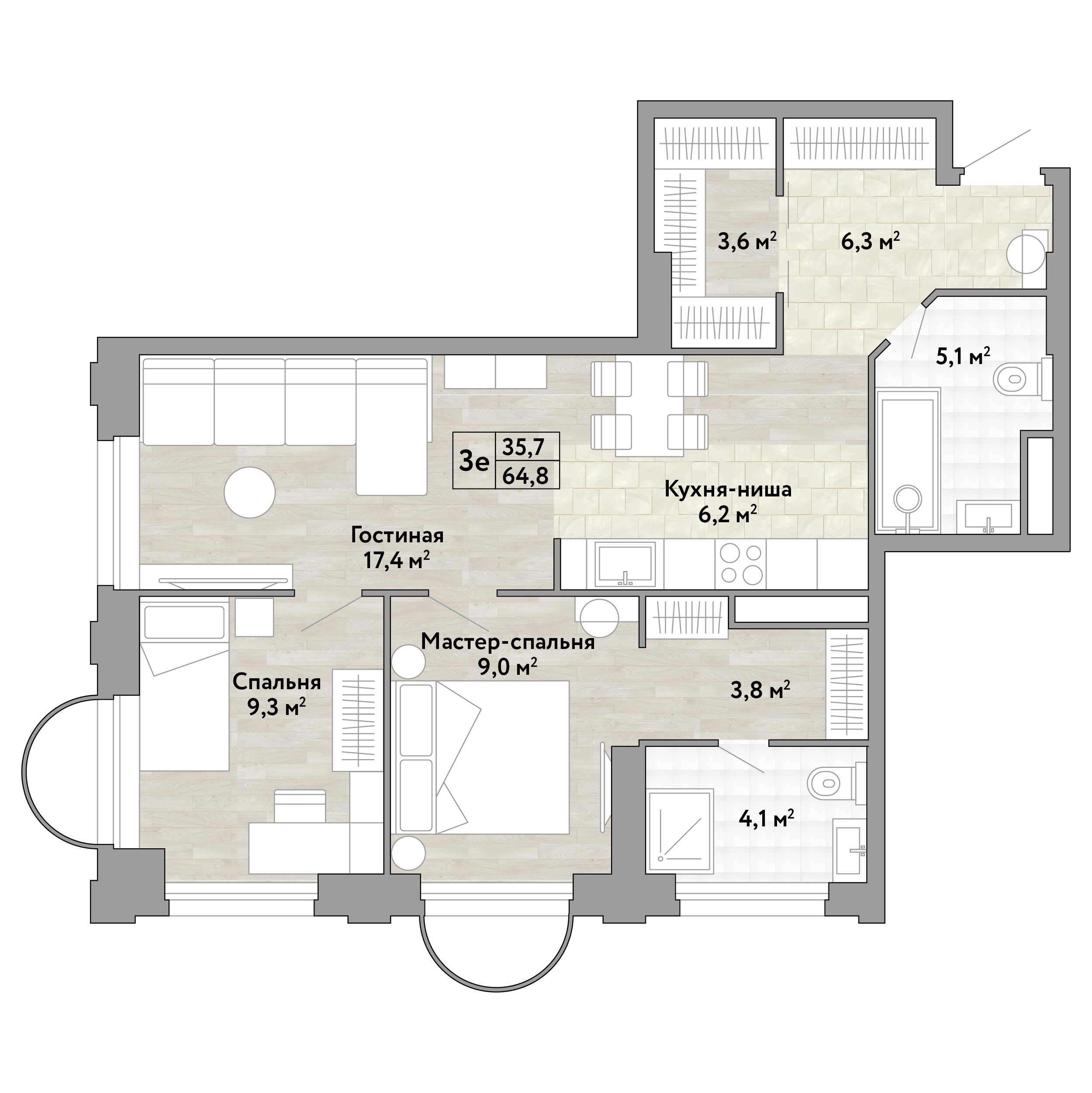 2 комн. квартира, 64.8 м², 3 этаж 