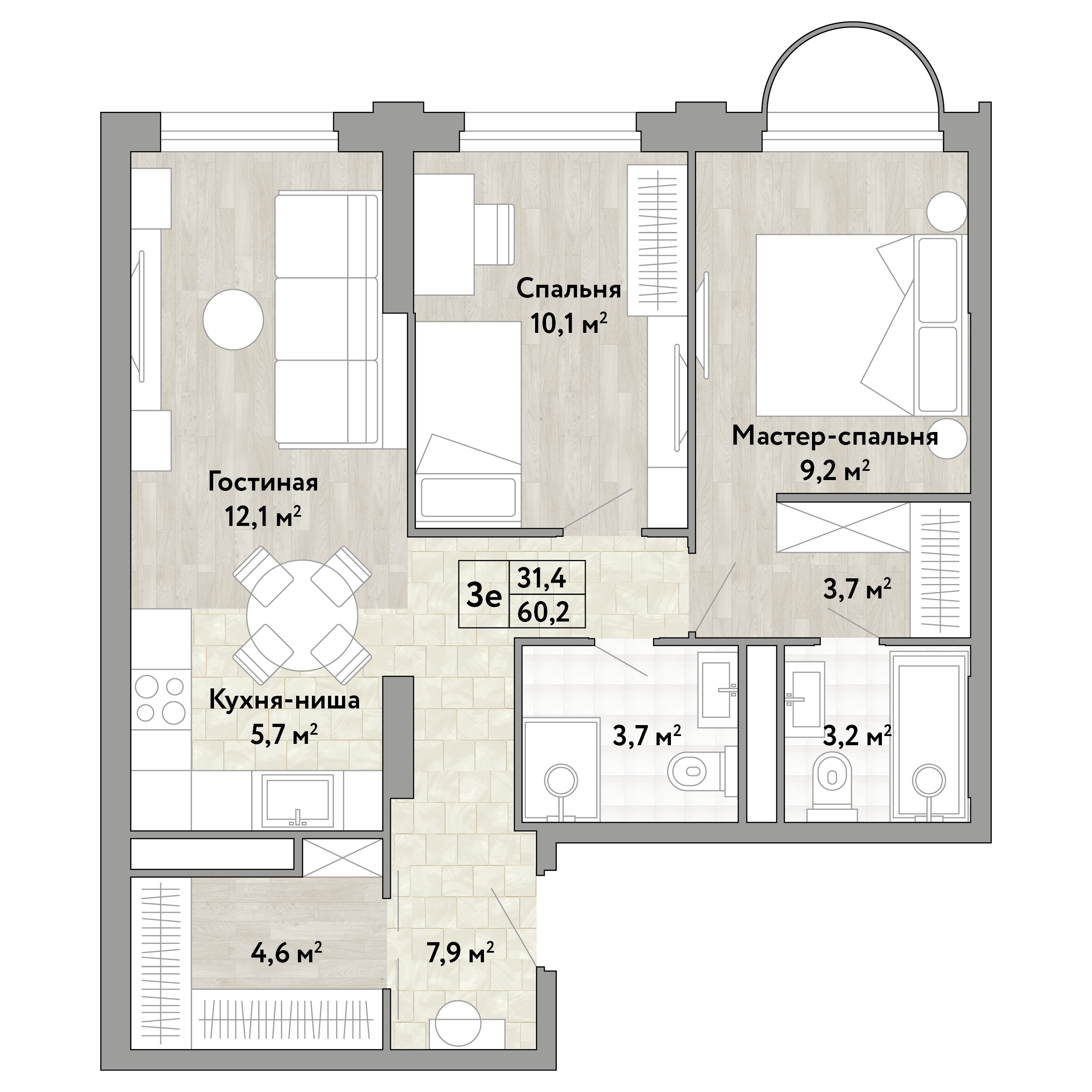 2 комн. квартира, 60.2 м², 4 этаж 