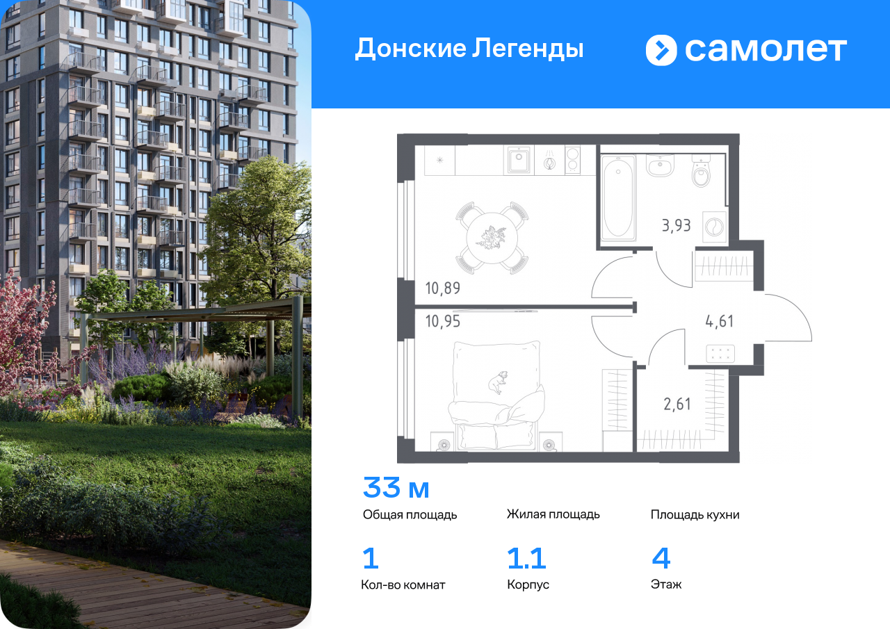 1 комн. квартира, 33 м², 4 этаж  (из 15)