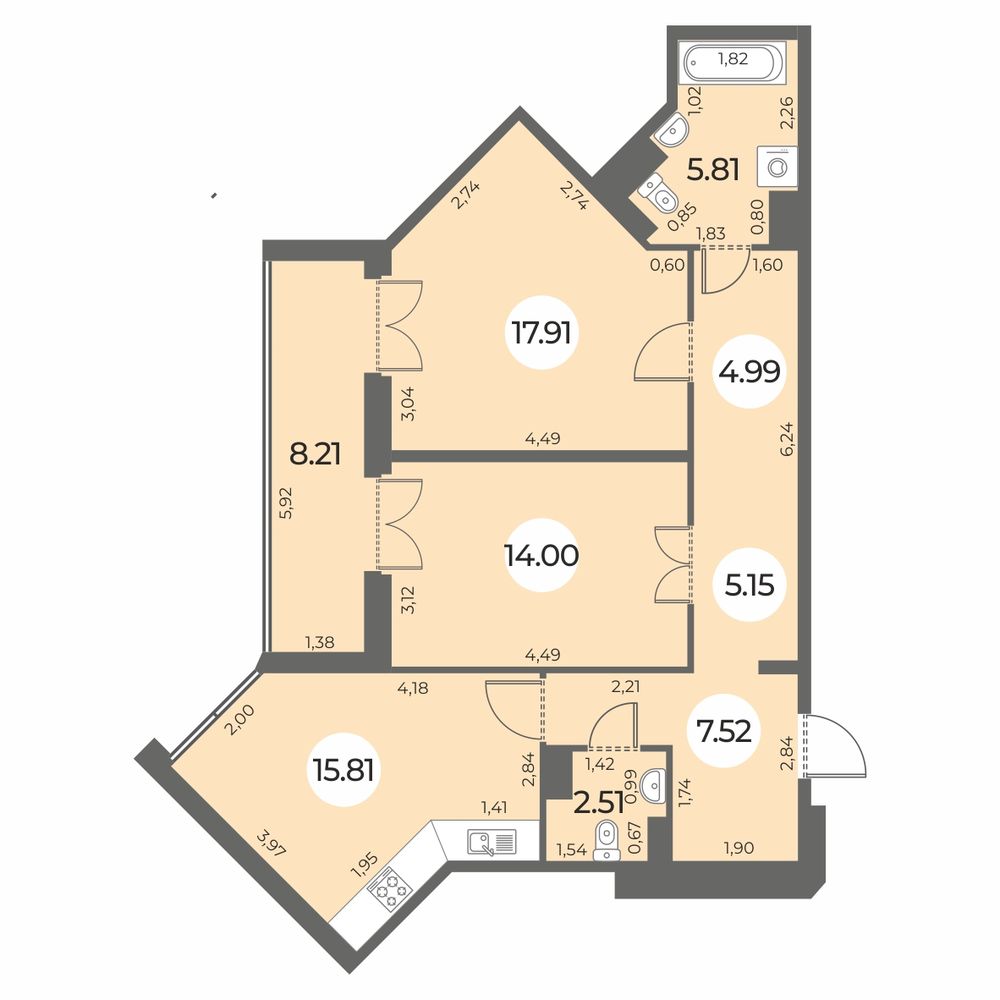 2 комн. квартира, 77.8 м², 4 этаж 