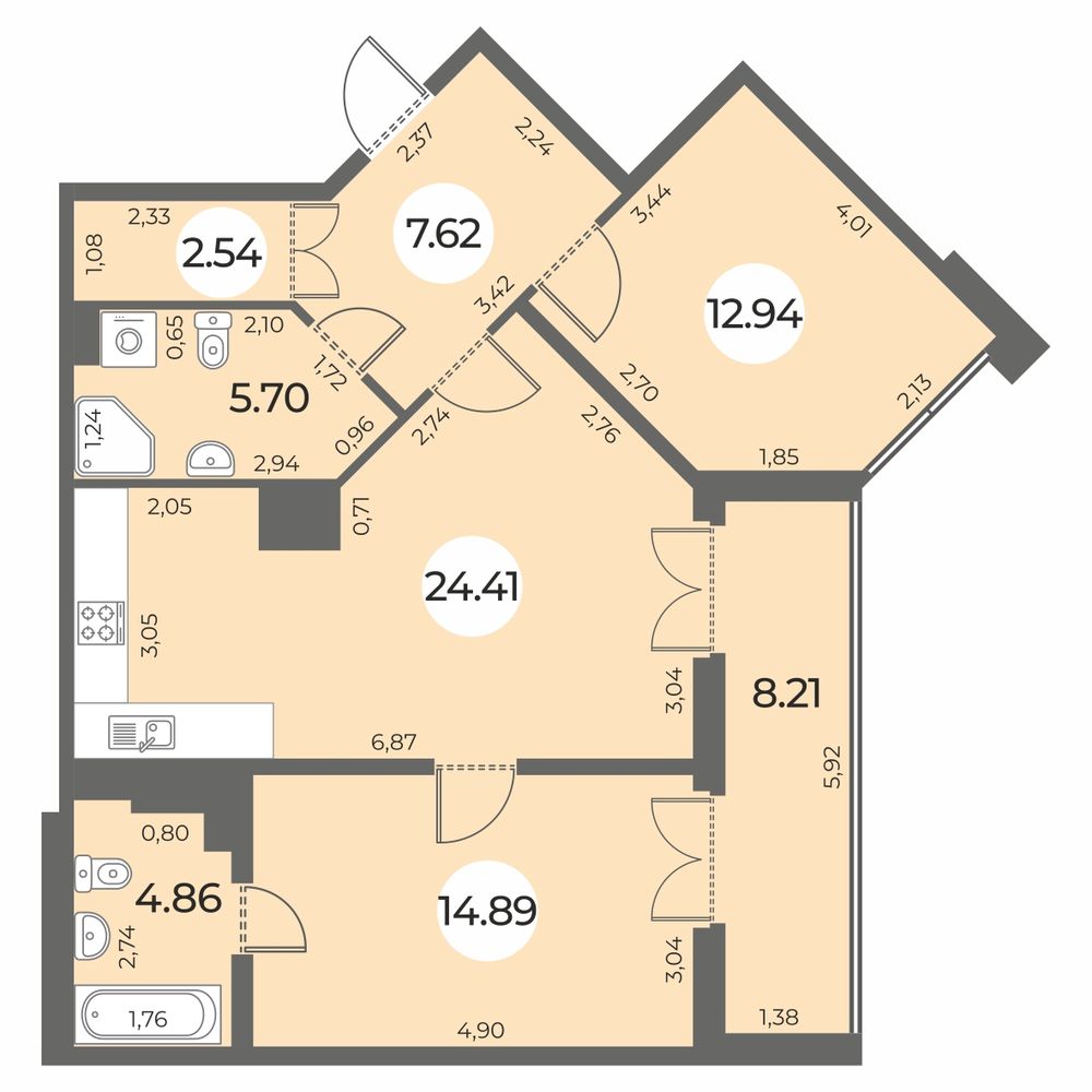 2 комн. квартира, 74.5 м², 14 этаж 