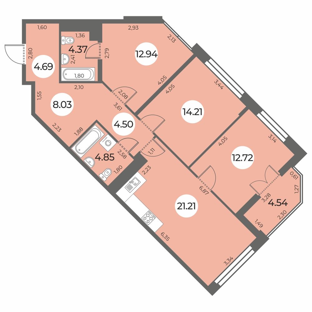 3 комн. квартира, 89.8 м², 16 этаж 