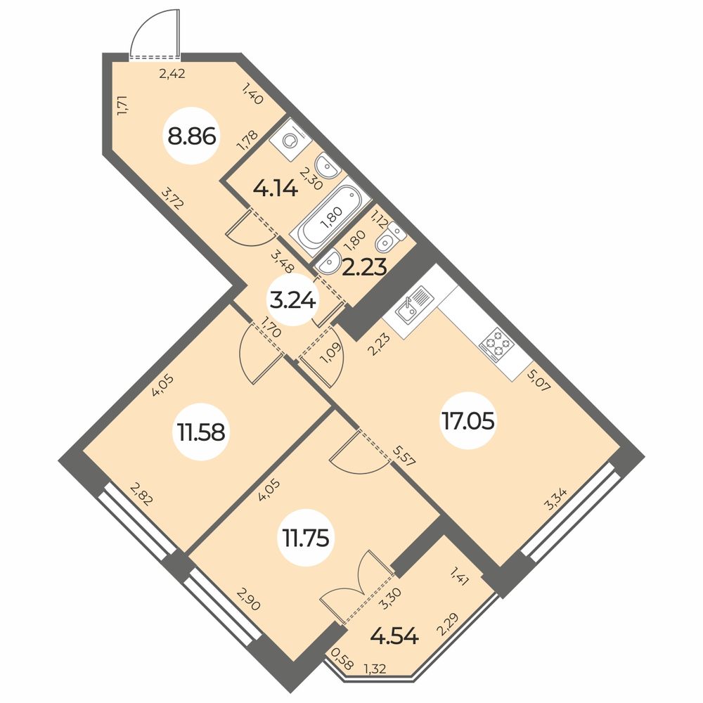 2 комн. квартира, 61.1 м², 15 этаж 