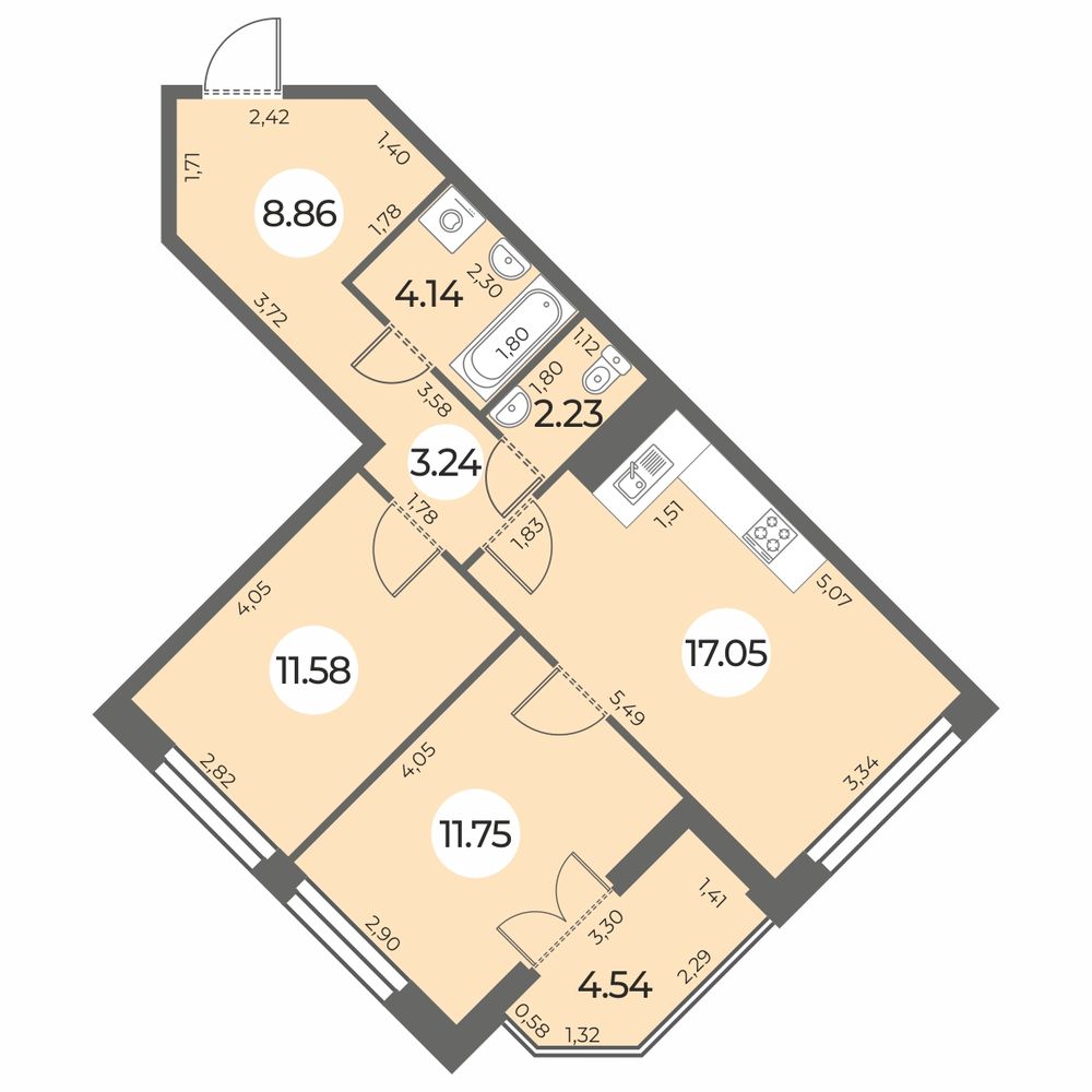 2 комн. квартира, 61.1 м², 11 этаж 