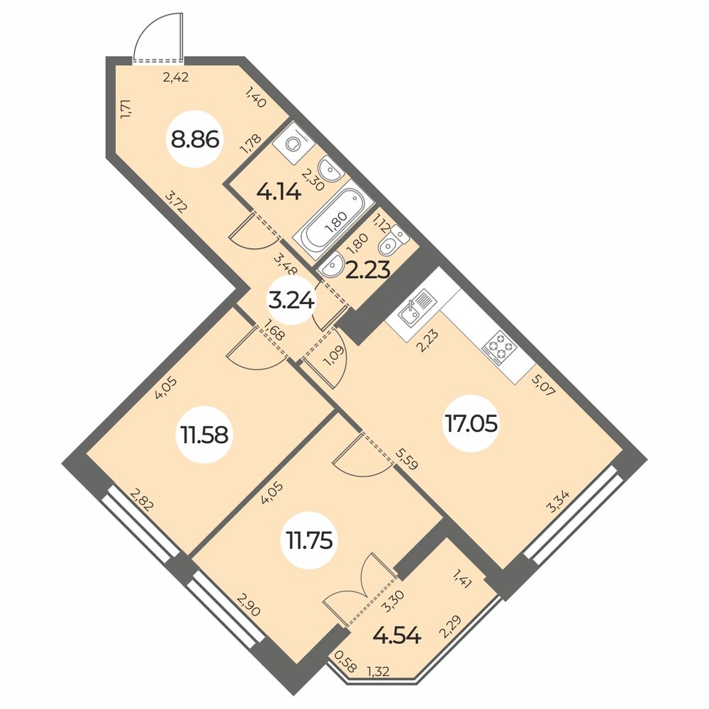 2 комн. квартира, 61.1 м², 23 этаж 