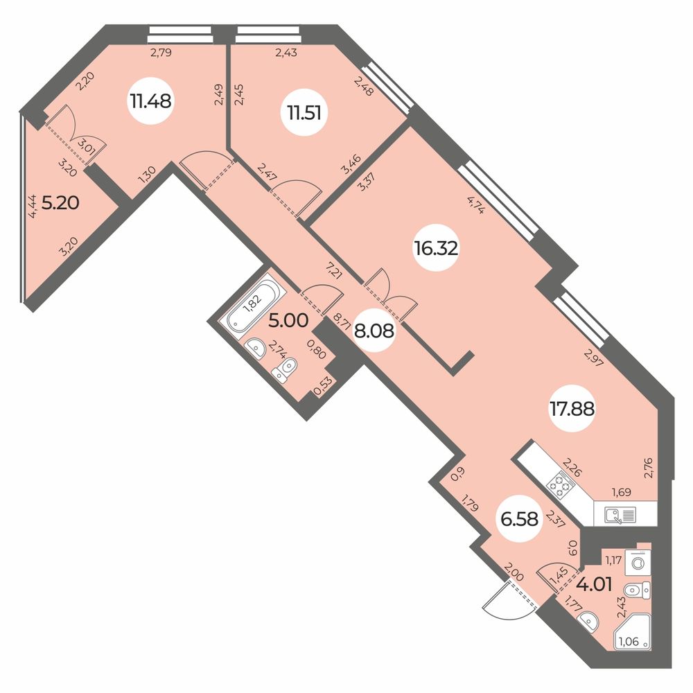 3 комн. квартира, 83.5 м², 15 этаж 
