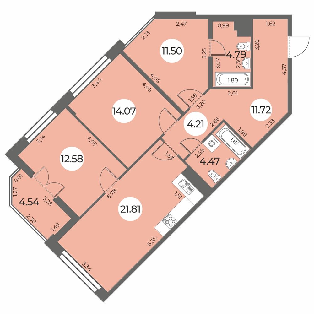 3 комн. квартира, 87.4 м², 4 этаж 