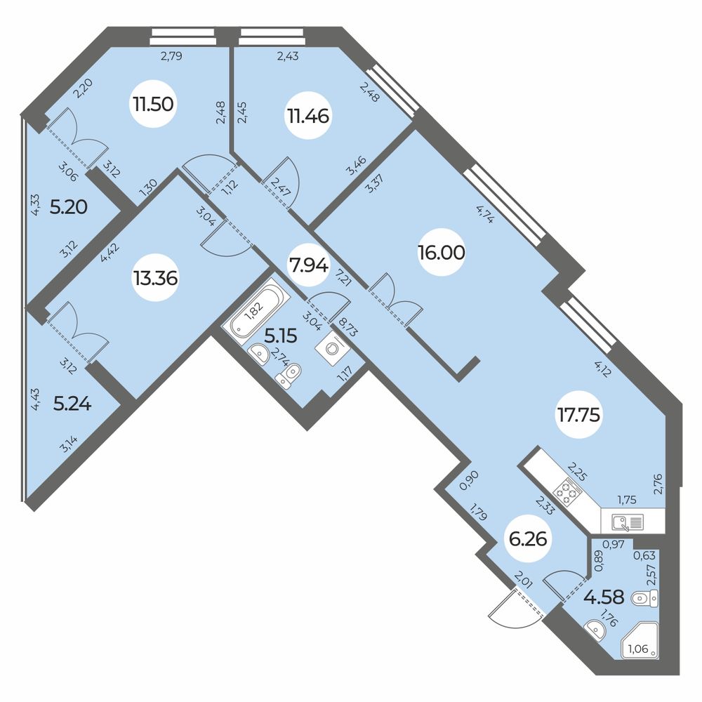 4 комн. квартира, 99.2 м², 3 этаж 