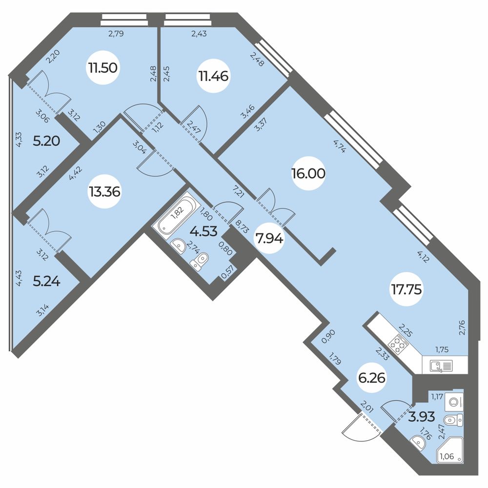 4 комн. квартира, 98 м², 16 этаж 