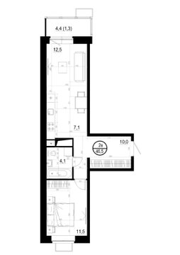 1 комн. квартира, 46.5 м², 15 этаж 