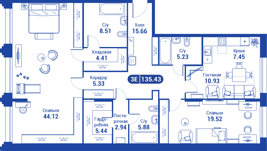 3 комн. квартира, 135 м², 2 этаж 