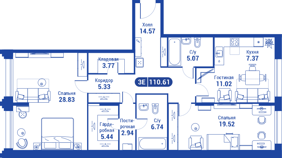 3 комн. квартира, 109.6 м², 10 этаж 