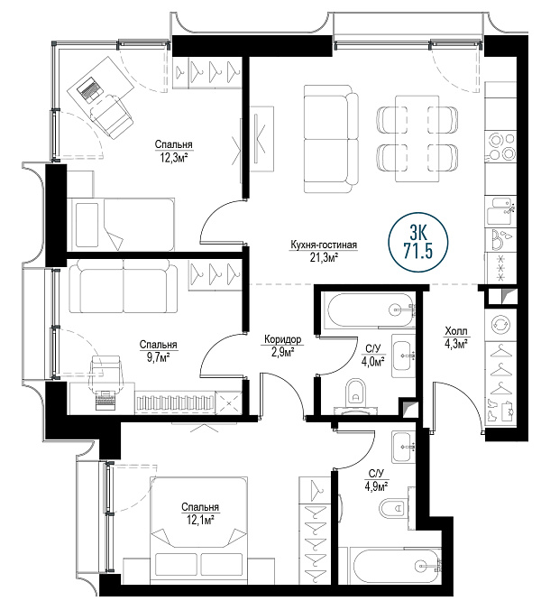 3 комн. квартира, 70.5 м², 28 этаж 