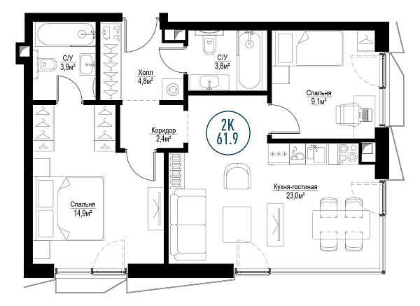2 комн. квартира, 61 м², 21 этаж 