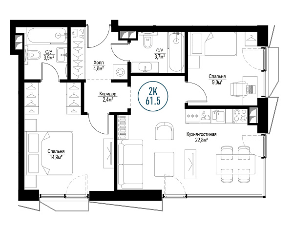 2 комн. квартира, 60.8 м², 2 этаж 