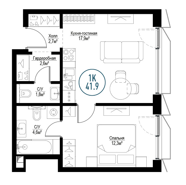 1 комн. квартира, 41.5 м², 24 этаж 