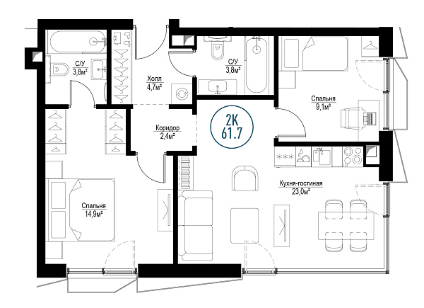 2 комн. квартира, 60.5 м², 15 этаж 