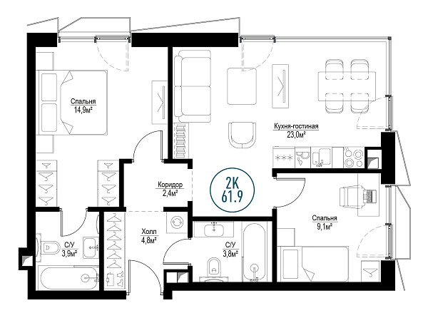 2 комн. квартира, 60.8 м², 28 этаж 