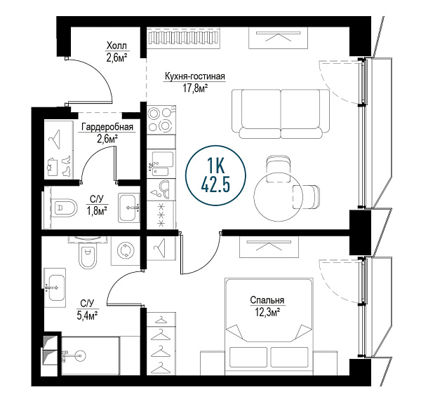 1 комн. квартира, 42 м², 2 этаж 