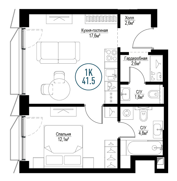 1 комн. квартира, 41.1 м², 6 этаж 