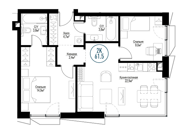 2 комн. квартира, 60.5 м², 3 этаж 
